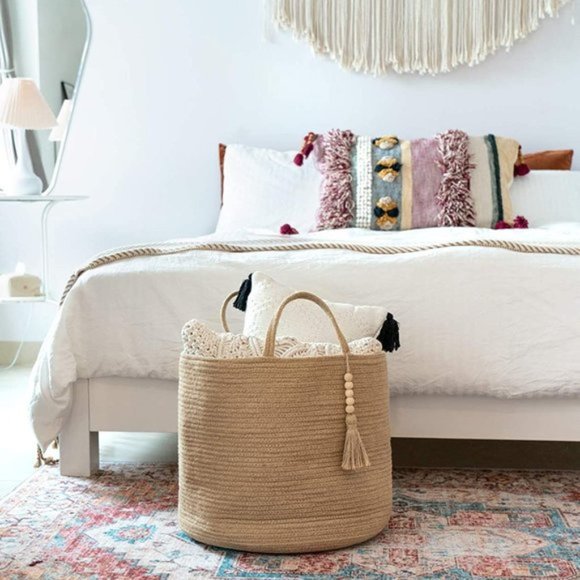 Urban Outfitters Decorative Wooden Bead Natural Rope Woven Storage Basket - Picture 3 of 10